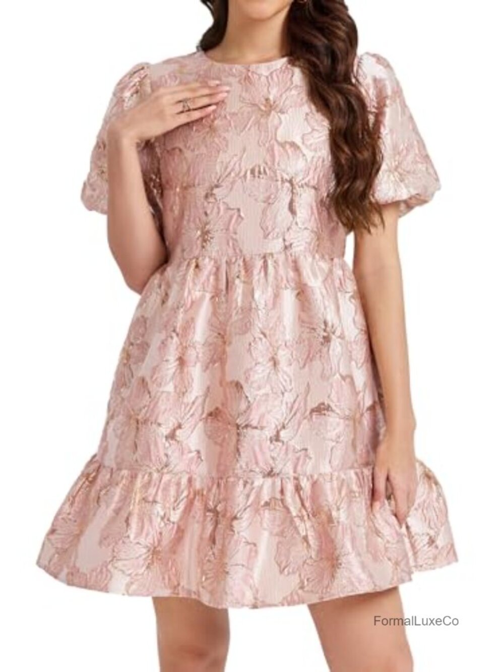 Women's Jacquard Babydoll Mini Dress Puff Sleeve Ruffle Hem Floral Party